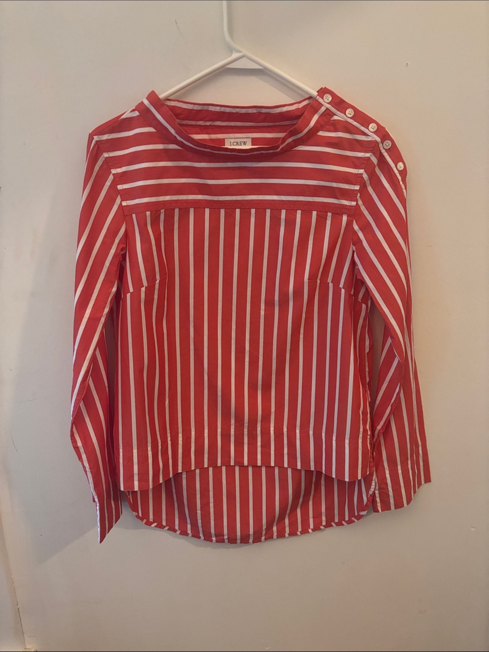 J.Crew Red & White Striped Funnelneck Cotton Poplin Shirt G9944 High-Low Sz 0